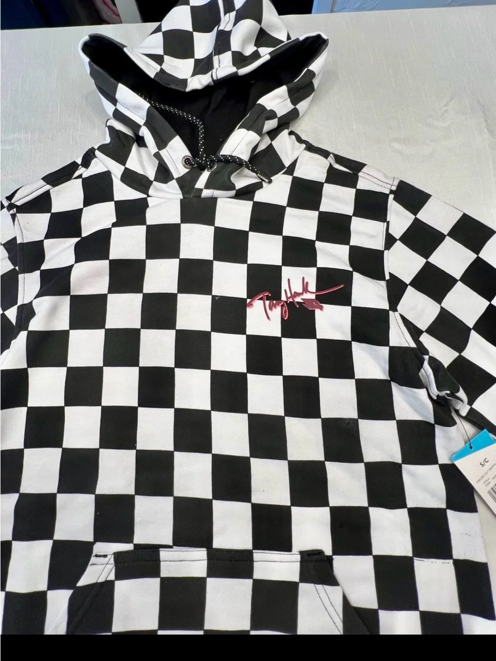 Tony Hawk Men's Pullover Hoodie S Black/White Check Fleece Logo Pockets - Picture 8 of 8
